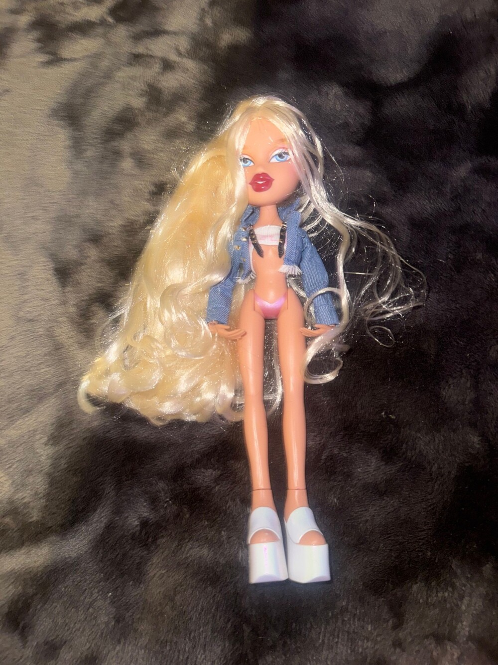 Bratz Chloe Doll Blue Eyes Denim Jacket White Platform Heels